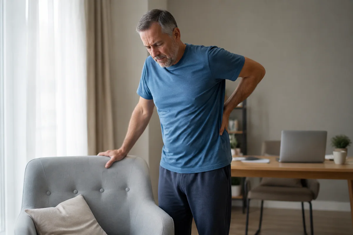 Imagem ilustrativa: Homem em recuperação caminha lentamente em casa ao lado de uma poltrona e mesa de trabalho.