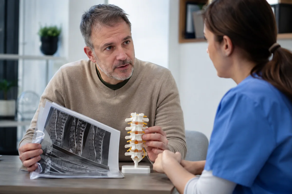 Imagem ilustrativa: Homem com pasta de exames e modelo de coluna conversa com atendente de saúde.