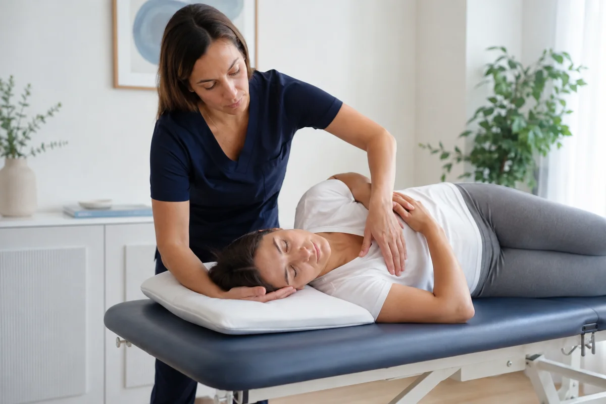 Imagem ilustrativa: Fisioterapeuta ajuda mulher adulta em posicionamento vestibular em maca, cabeça apoiada.