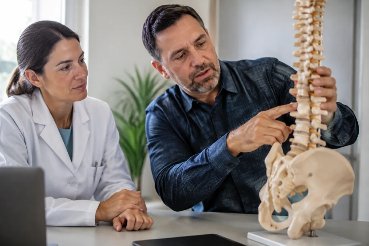 Imagem ilustrativa: Pessoa em consulta aponta lombar em modelo de coluna enquanto médica escuta.