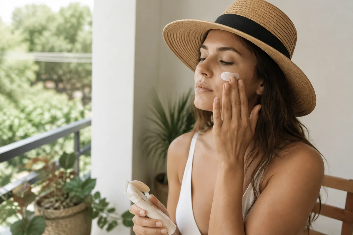 Imagem ilustrativa: Mulher de chapéu aplica protetor solar no rosto à sombra em varanda no verão.