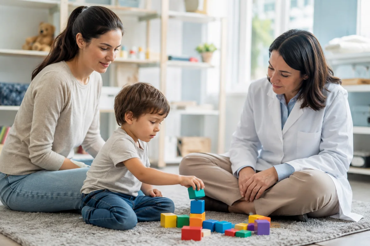 Imagem ilustrativa: Criança pequena brinca com cubos junto à mãe e neuropediatra no tapete da consulta.