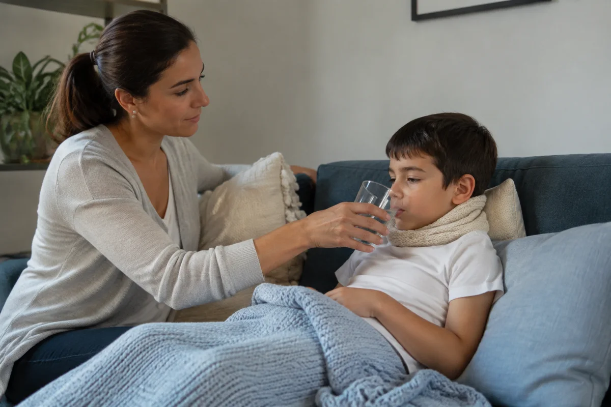 Imagem ilustrativa: Mãe oferece água à criança em recuperação sentada no sofá com almofadas.