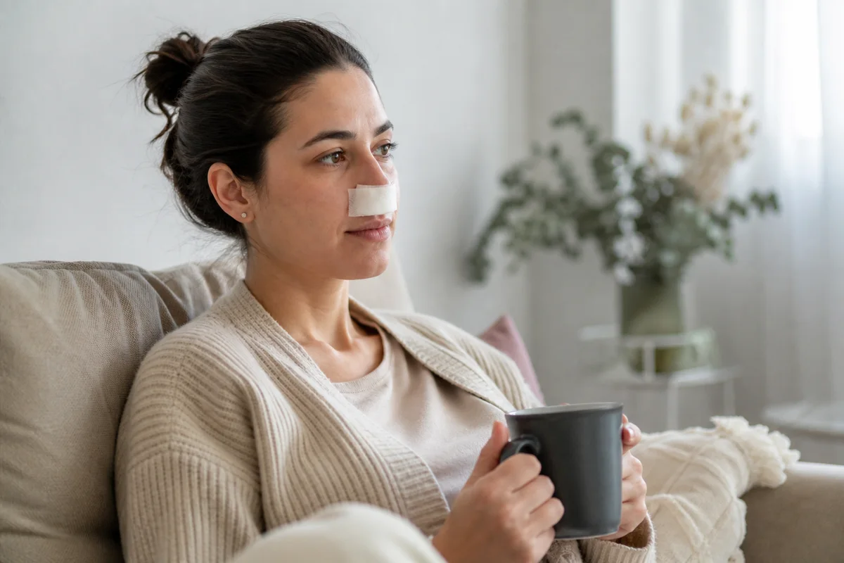 Imagem ilustrativa: Mulher descansando sentada em casa após cirurgia nasal, discreto curativo sob nariz.