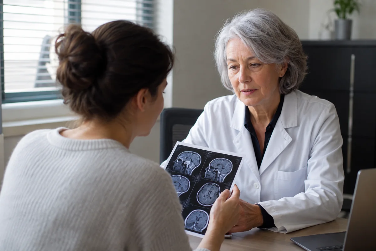 Imagem ilustrativa: Mulher busca segunda opinião mostrando imagens cerebrais à especialista de cabelos grisalhos.
