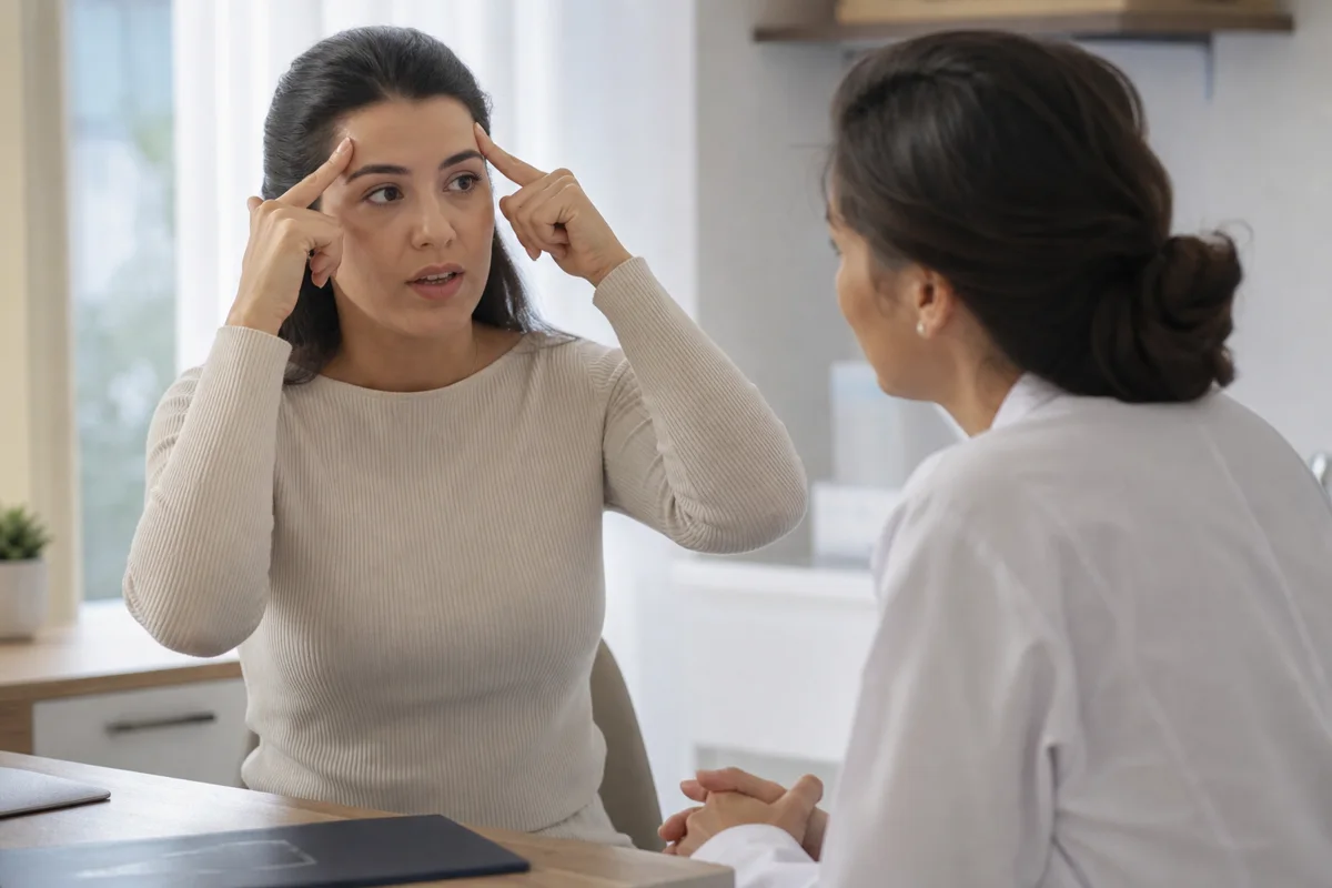 Imagem ilustrativa: Mulher com enxaqueca em consulta aponta regiões da testa enquanto neurologista escuta.