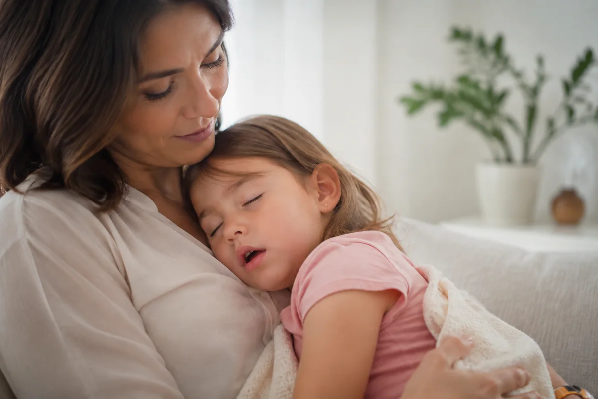 Imagem ilustrativa: Criança respira pela boca ao dormir no colo da mãe em sala clara, imagem tranquila.