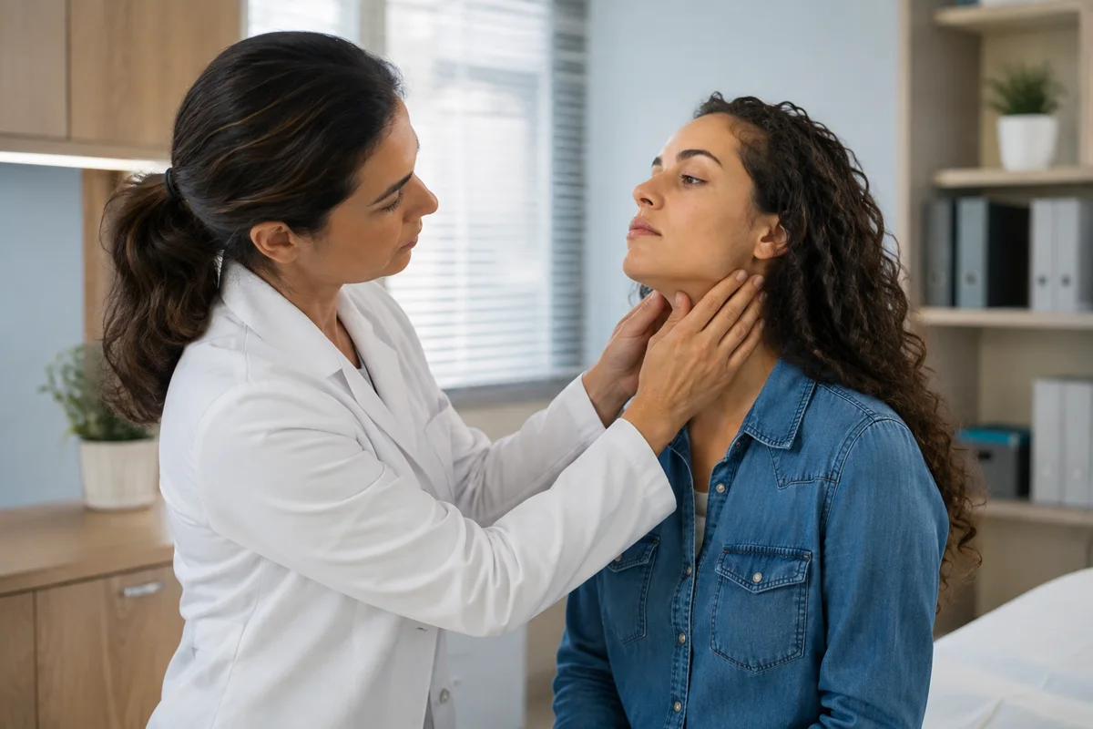 Imagem ilustrativa: Médica examina suavemente o pescoço de paciente sentado, enquadramento médio.