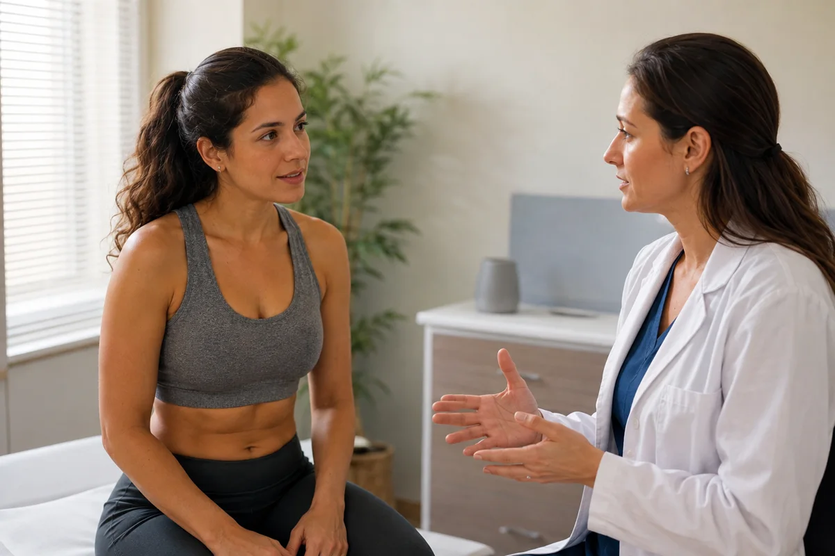 Imagem ilustrativa: Mulher adulta vestida em roupa esportiva conversa sobre contorno corporal em consulta.