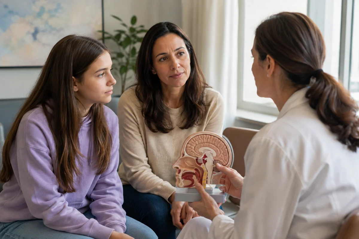 Imagem ilustrativa: Adolescente acompanhado de responsável conversa com médica que segura modelo da região hipofisária.