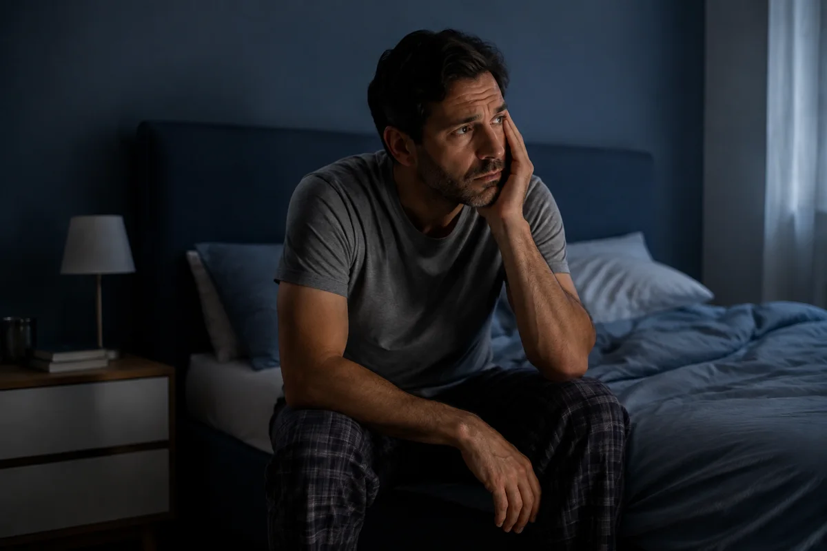 Imagem ilustrativa: Adulto acordado sentado na beira da cama em quarto azul na madrugada, pés no chão.