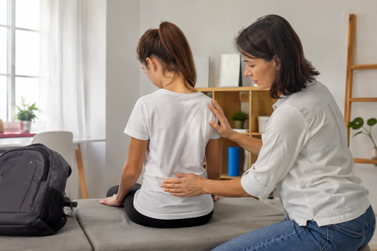 Imagem ilustrativa: Adolescente vestida em camiseta em avaliação postural com responsável, mochila ao lado.