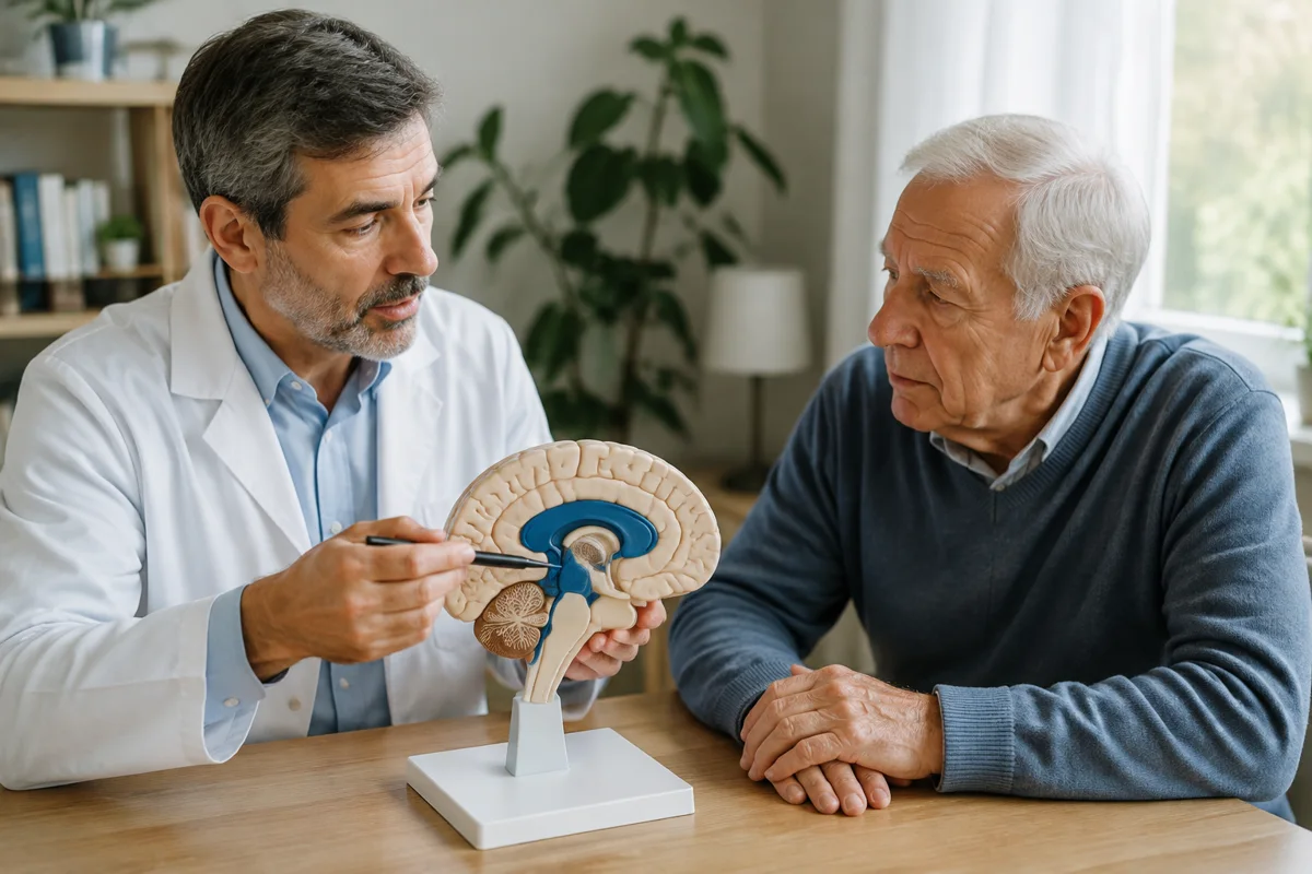 Imagem ilustrativa: Especialista aponta ventrículos em modelo cerebral com paciente idoso atento ao lado.