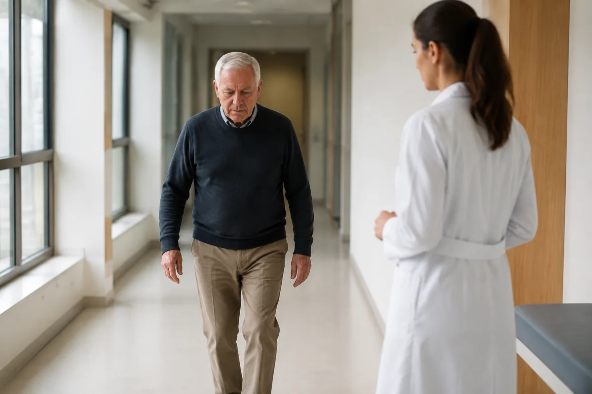 Imagem ilustrativa: Homem idoso caminha sob observação de neurologista em corredor de avaliação.